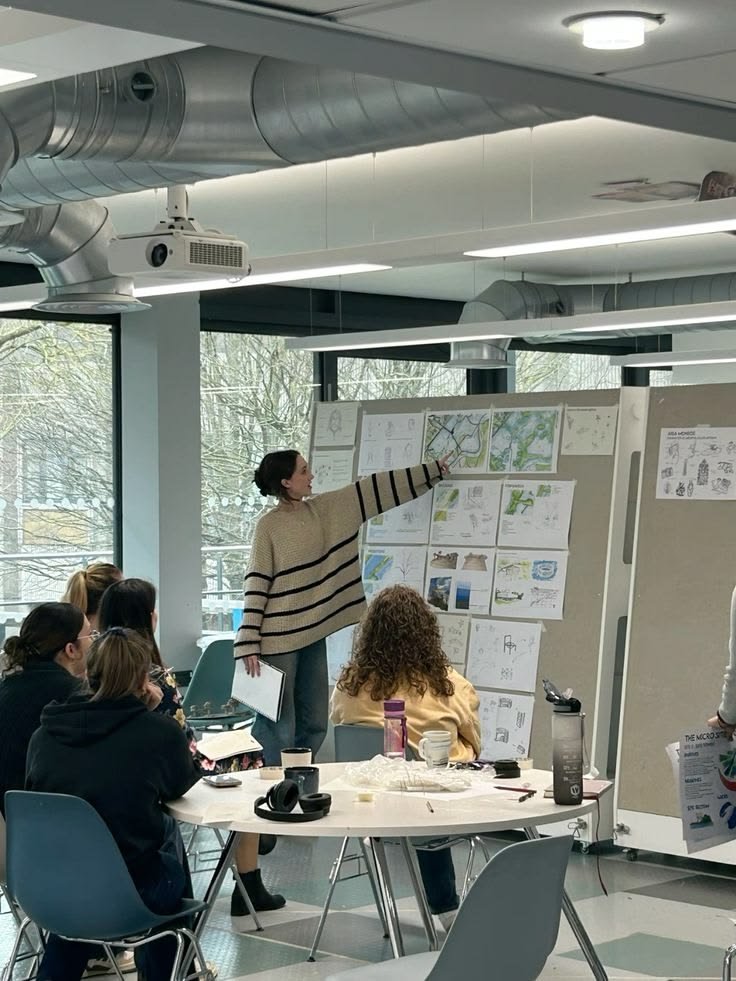 A collaborative creative workshop developing ideas around a presentation board