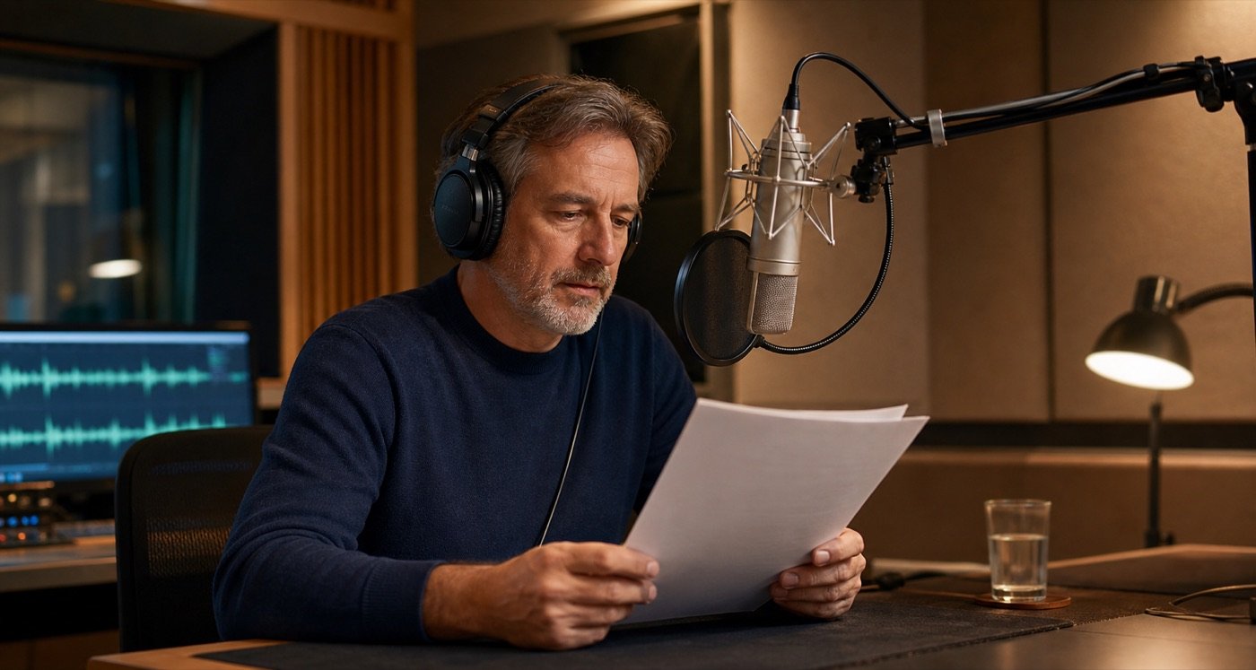 A professional narrator recording an audiobook in a sound treated studio