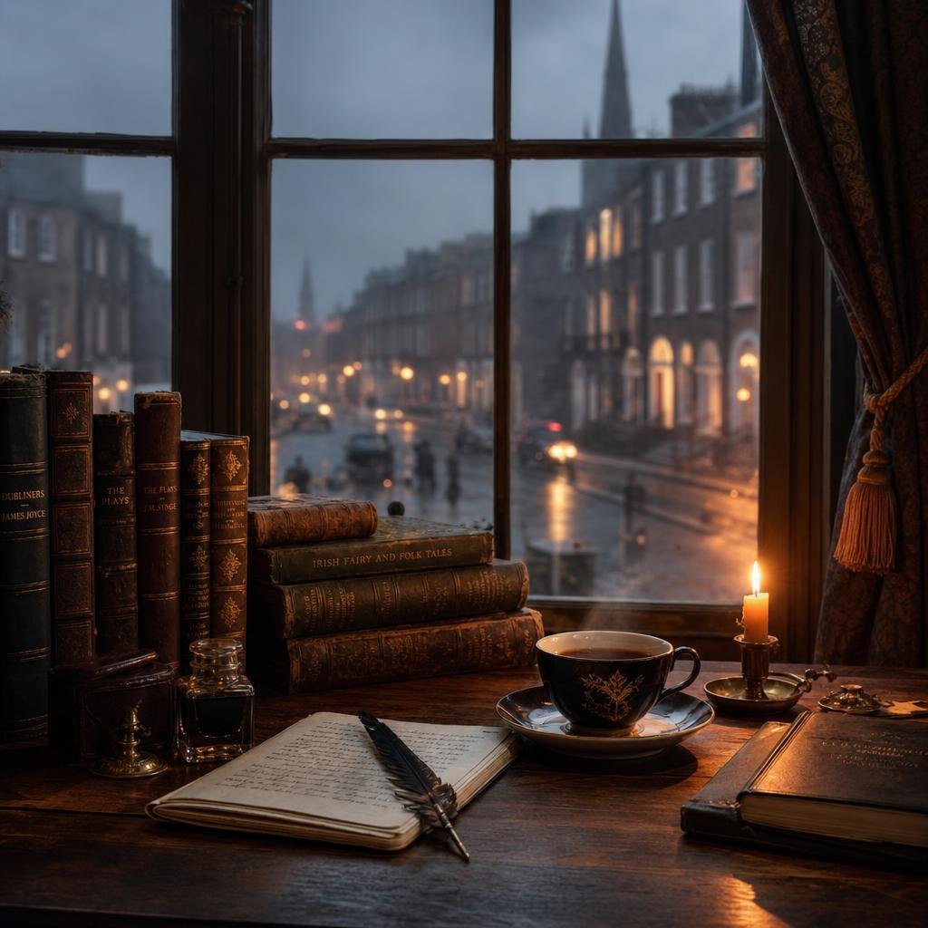 A candlelit writing desk in a quiet Dublin-inspired study