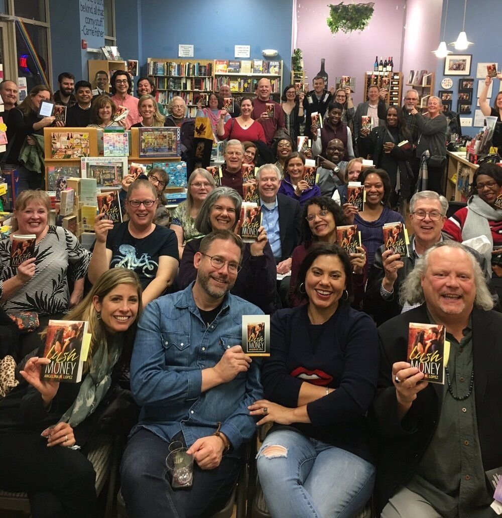 Readers and authors celebrating a book campaign together in an independent bookshop